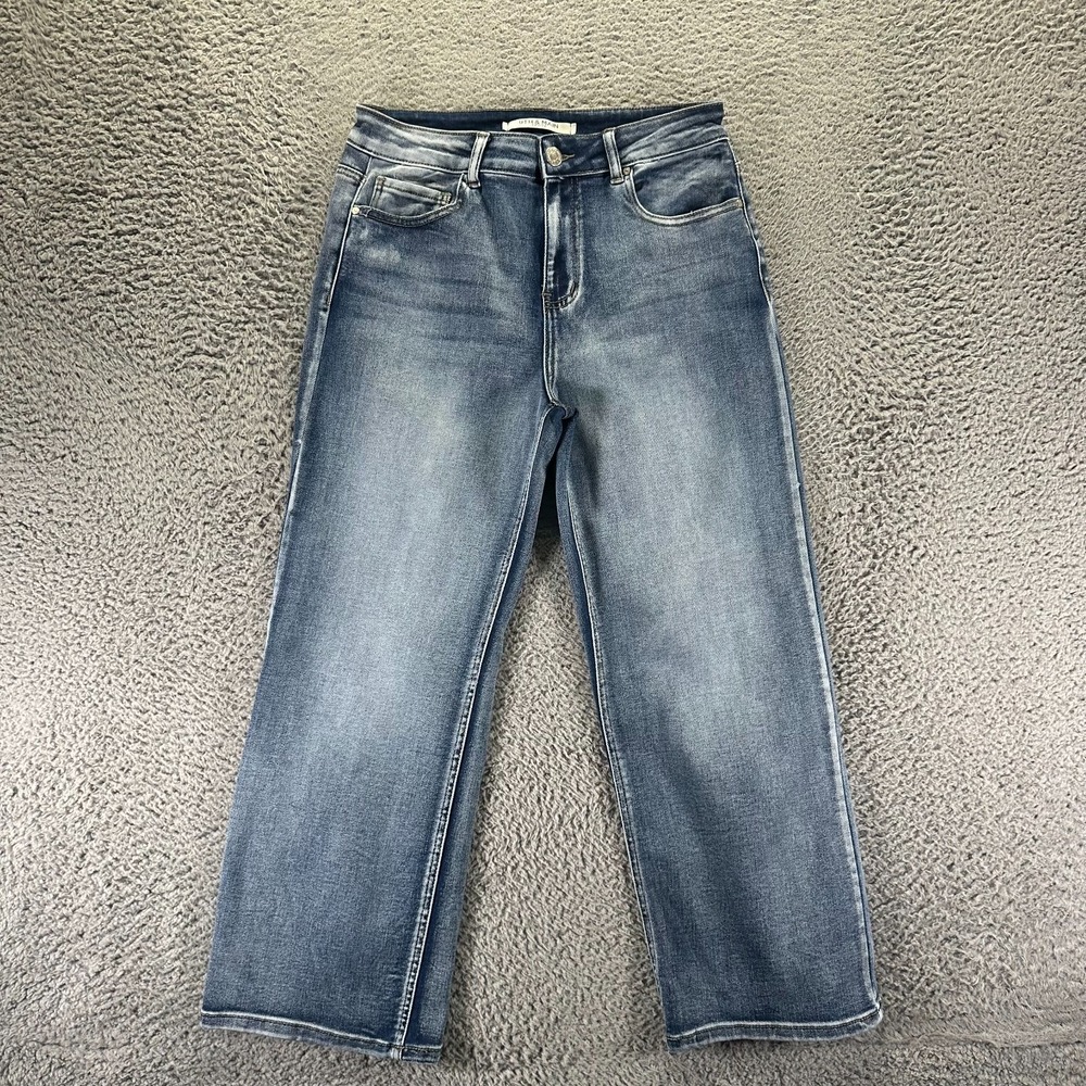 9th & Main Jeans Women 12P Blue Cotton Denim Straight Leg Faded Workwear Stretch